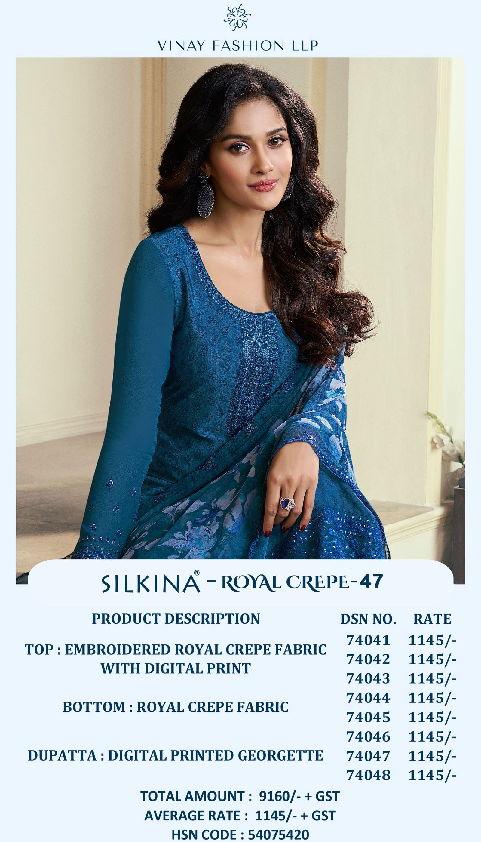 Silkina Royal Crepe 47 By Vinay Embroidery Designer Salwar Kameez Online Wholesale